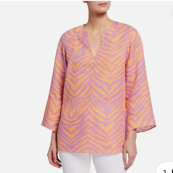 Lafayette 148 New York Tops - Lafayette 148 Large Hawley Zebra-Striped Linen Blouse 3/4 Sleeves, Size M